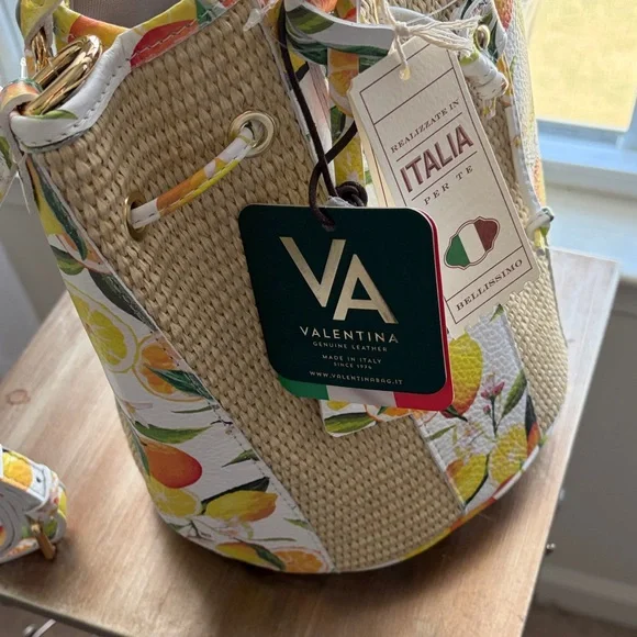 Italina Lemon Print Straw Bucket Tote - White & Yellow - Picture 2 of 4